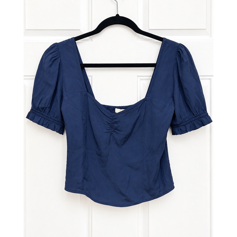 WAYF Navy Blue Puff Sleeve Smocked Crop Top Square Neck Ruffle Hem Size M